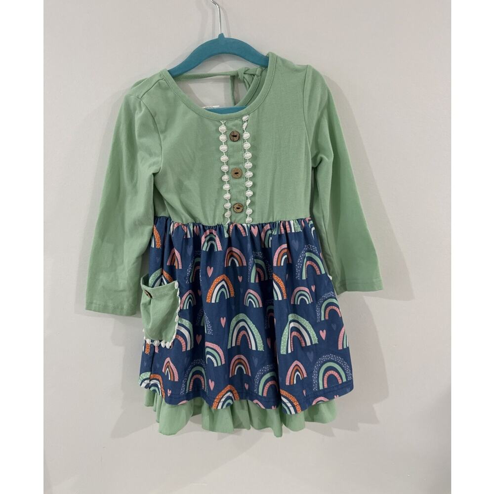 Exclusive Of Decoration Girls Dress Green and Blue Rainbows Size 4
